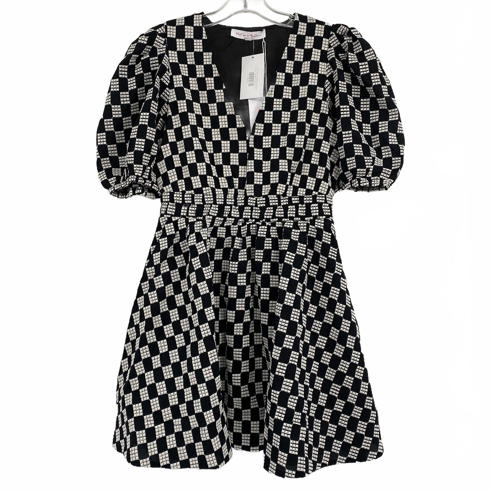 Meet Me In Santorini Black White Averi Checkered Puff Sleeve Mini Dress | M